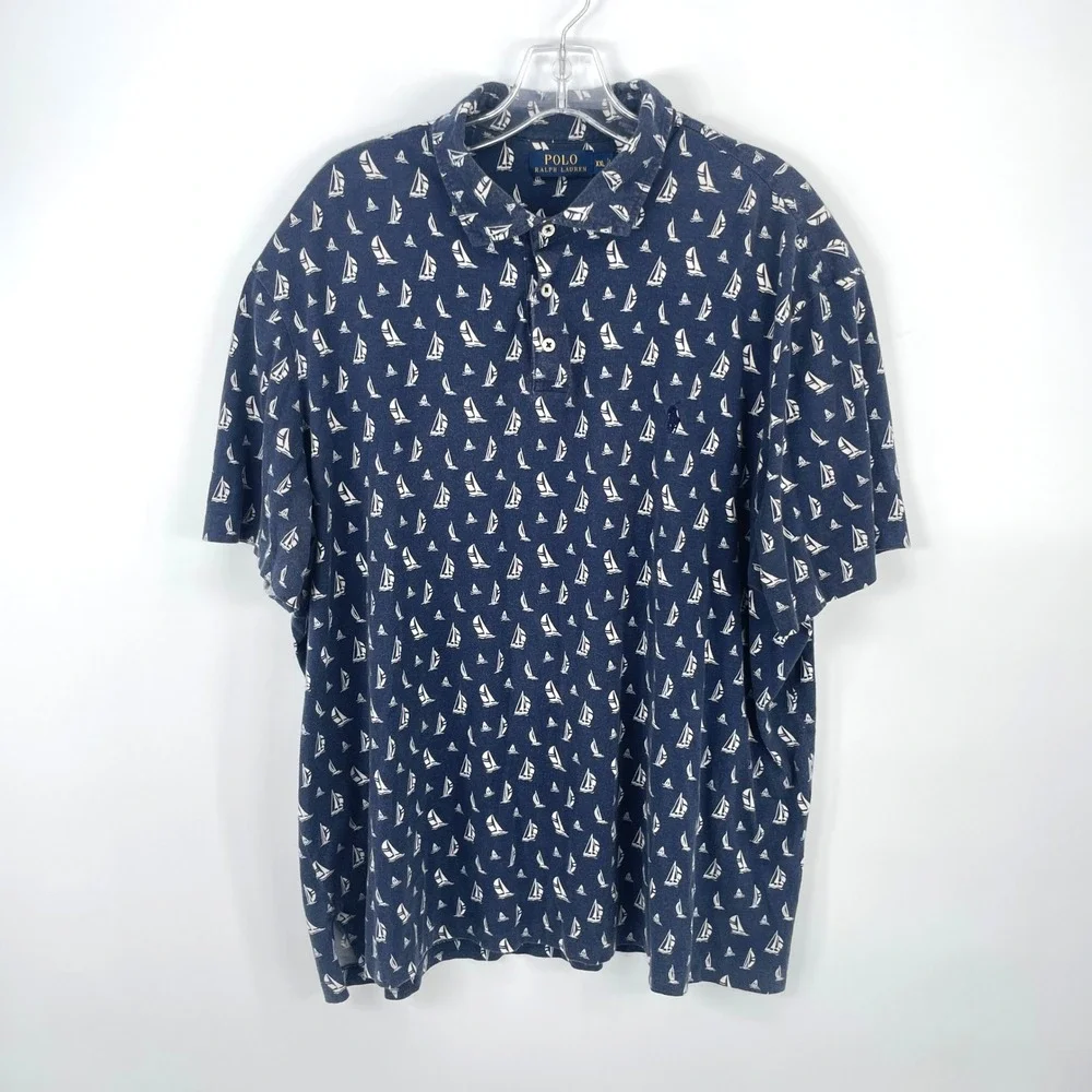 Polo Ralph Lauren Mens XXL‎ Heather Blue Sailboat Print Short Sleeve Polo Shirt